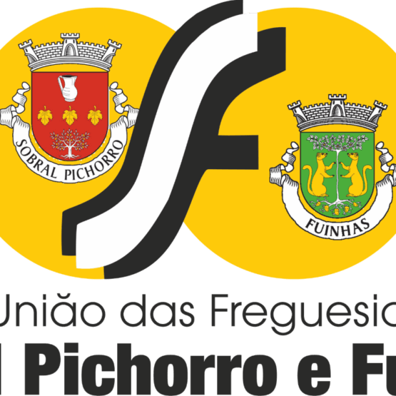 Brasões de Sobral Pichorro e Fuinhas unidos por símbolo em forma de infinito em fundo amarelo.