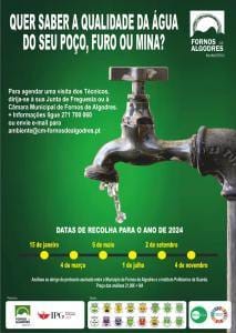 Torneira com gota de água em fundo verde, com calendário de recolhas de amostras 2024