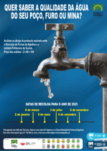 Torneira com gotas de água sobre fundo azul, com texto sobre análises de qualidade da água e cronograma 2023