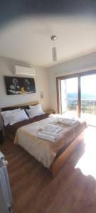 Quarto com cama de casal, mesinha lateral, quadro decorativo preto na parede, ar condicionado e porta de vidro com vista para paisagem montanhosa.