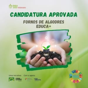 Mãos segurando terra com planta em broto, rodeadas de ícones de sustentabilidade e energias renováveis.