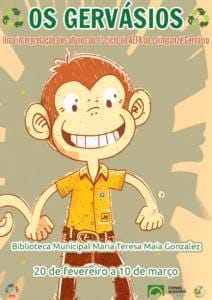 Chimpanzé cartoon com roupa amarela e vermelha, sorridente, em cartaz de divulgação cultural.