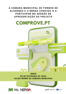Cartaz digital em tons verdes com smartphone e elementos de compras online, anunciando apresentação do projeto Comprove.pt
