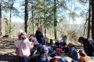 Grupo de crianças e adultos reunidos num claro da floresta, sentados no chão durante uma atividade educativa ao ar livre.