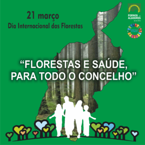 Silhueta de Portugal com floresta e família em branco sobre fundo verde com corações coloridos