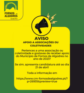 Cartaz amarelo com megafone anunciando apoio municipal a associações e coletividades, prazo 21 de abril