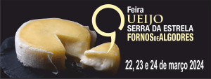 Queijo Serra da Estrela com fatia cortada em fundo escuro, com informações da feira de 22 a 24 de março de 2024