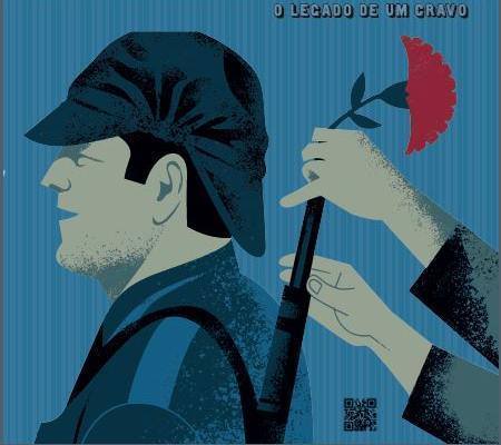 Homem de perfil com chapéu segurando flor vermelha, fundo azul listado