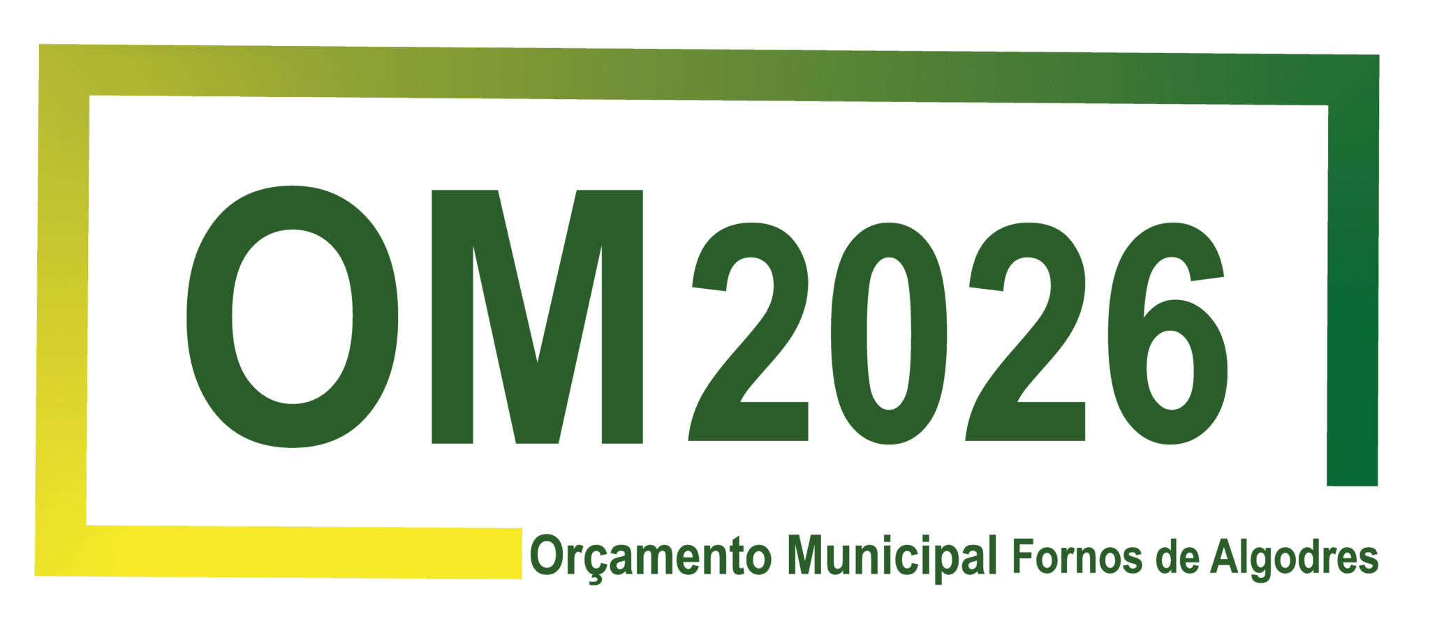 Logótipo OM2026 com moldura verde e amarela e texto Orçamento Municipal Fornos de Algodres